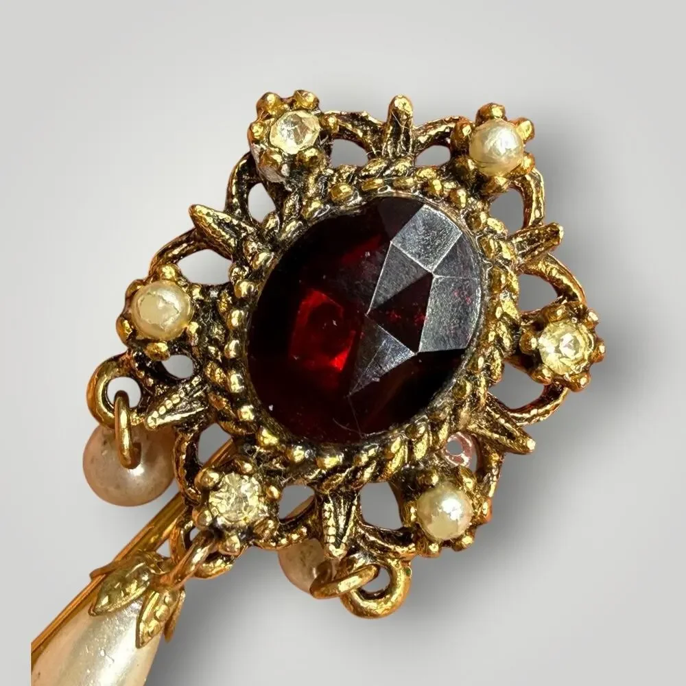 Vintage ART Signed Stick Pin Red Rhinestone Faux Pearl Gold Tone Victorian